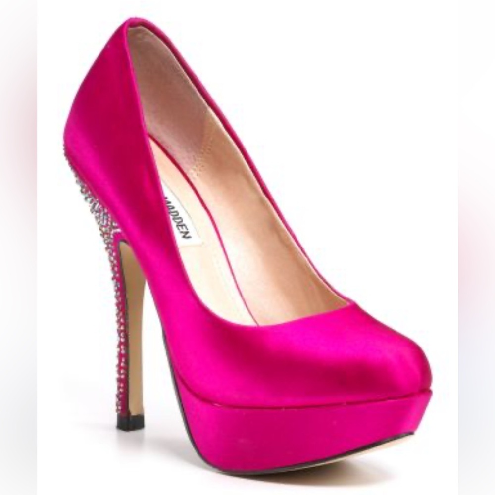 Steve Madden Partyy R Fuchsia Satin Heels embellished rhinestones shoes Sz 8.5